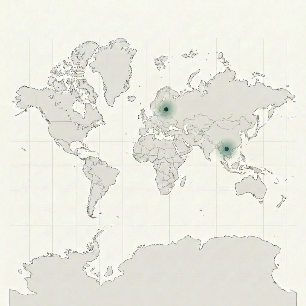 World map with areas showing asia and europe