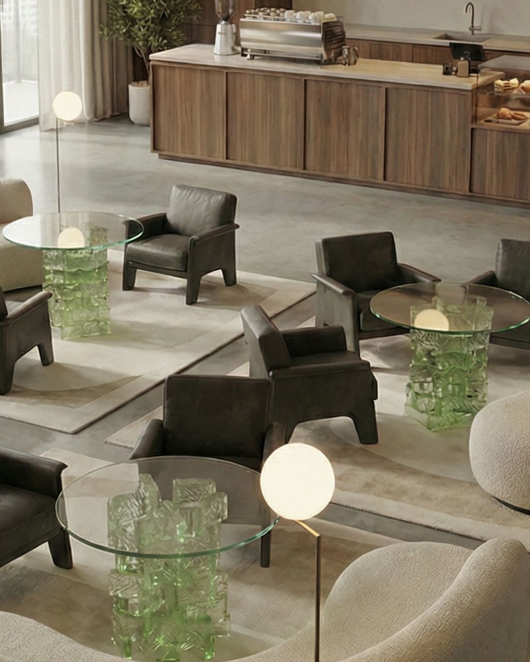 Orange amber glass brick illuminated column partition in warm residential living room