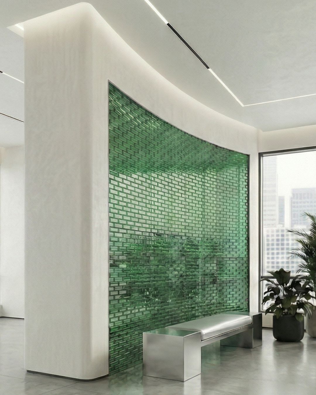 Clear solid glass brick with gentle wave texture on white background - front view