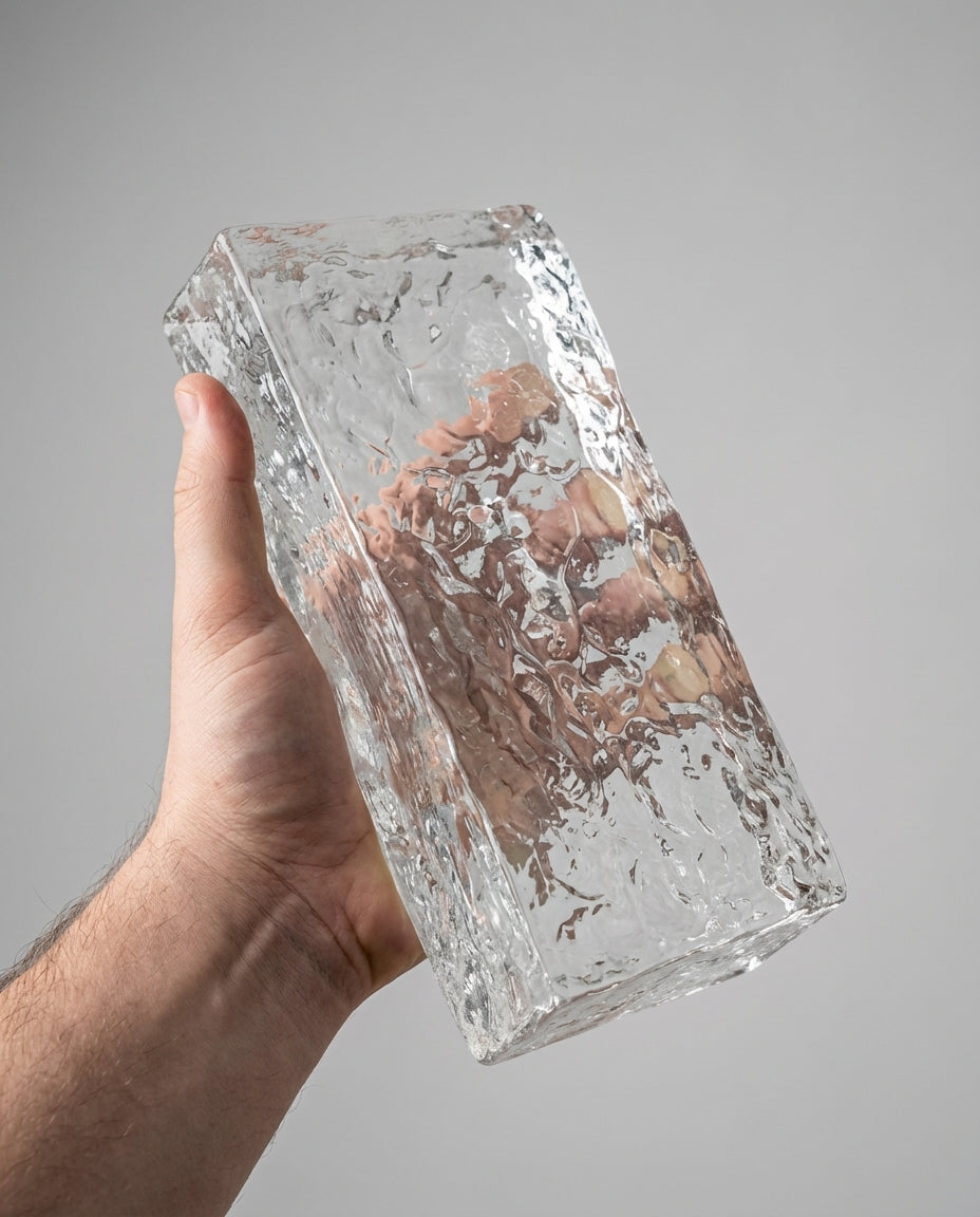 Clear glass block held by a hand against a gray background