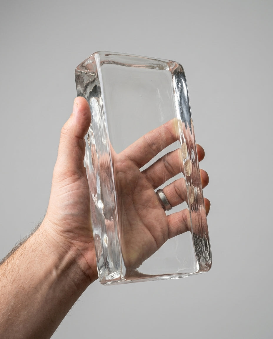 Hand holding a clear glass rectangular object against a gray background