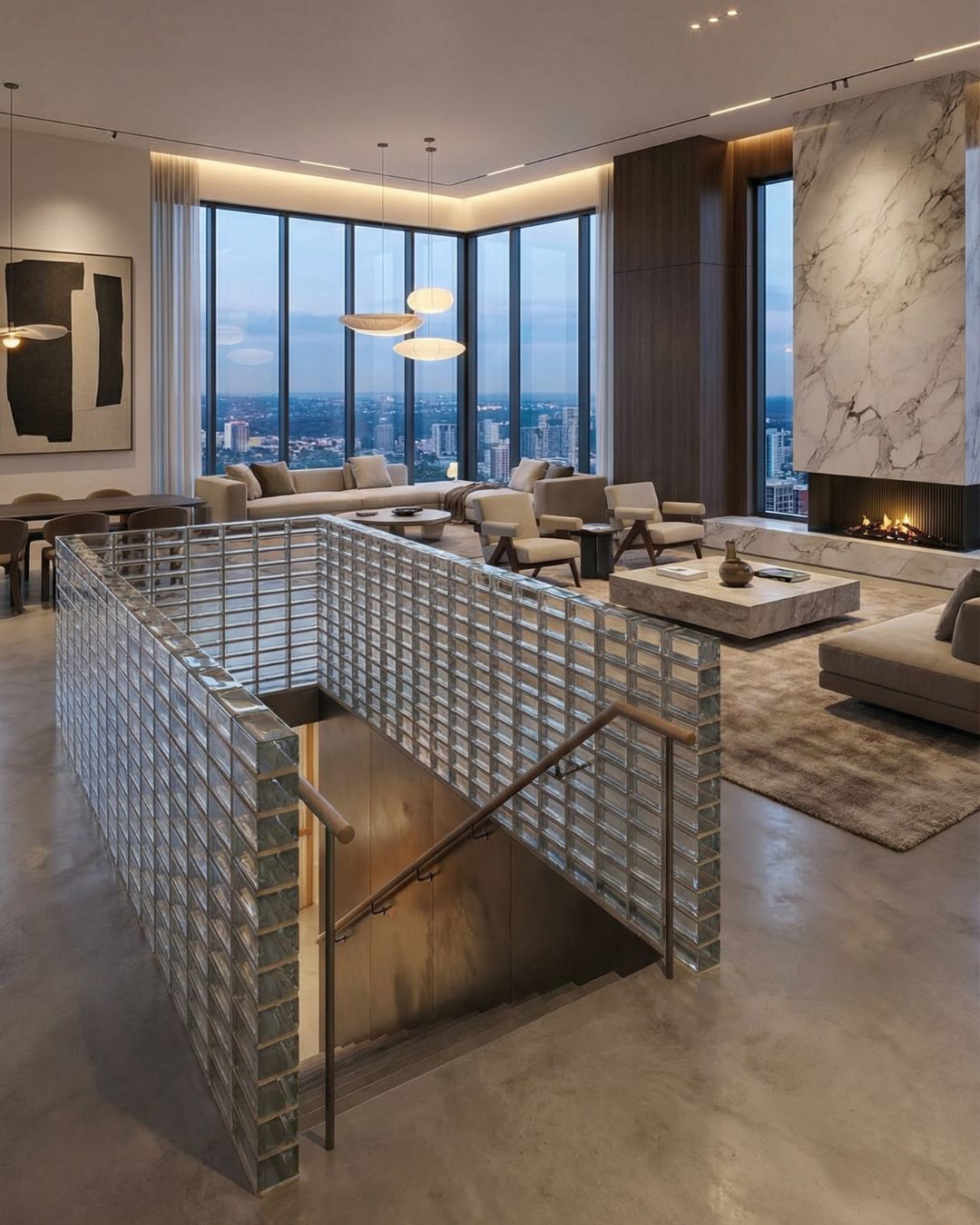 Modern apartment with glass brick floor-to-ceiling room divider and grey bench