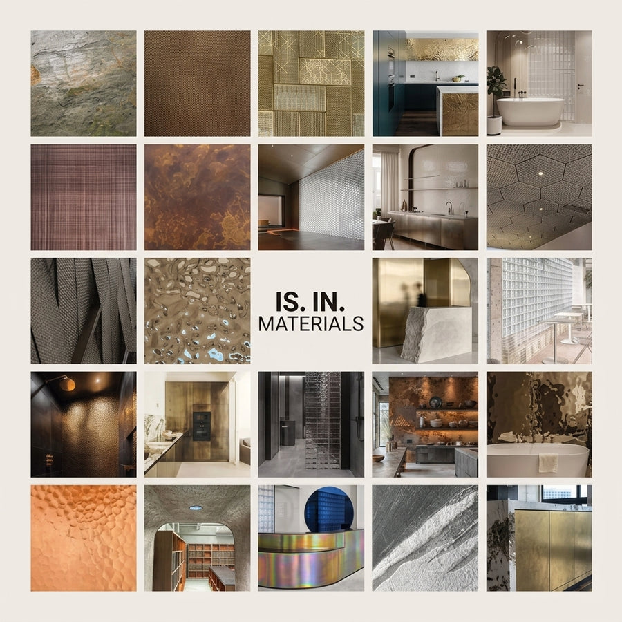 Is In Materials brand mood board collage showing luxury interior design materials and spaces